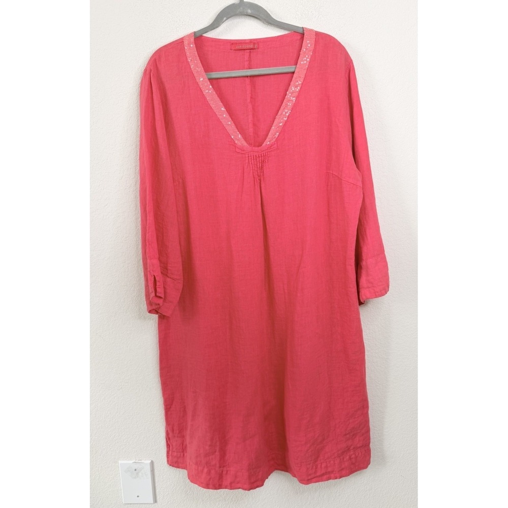 Cut Loose 100% Linen Tunic Dress Womens XL Coral Pink Sequin Trim V-Neck Coastal